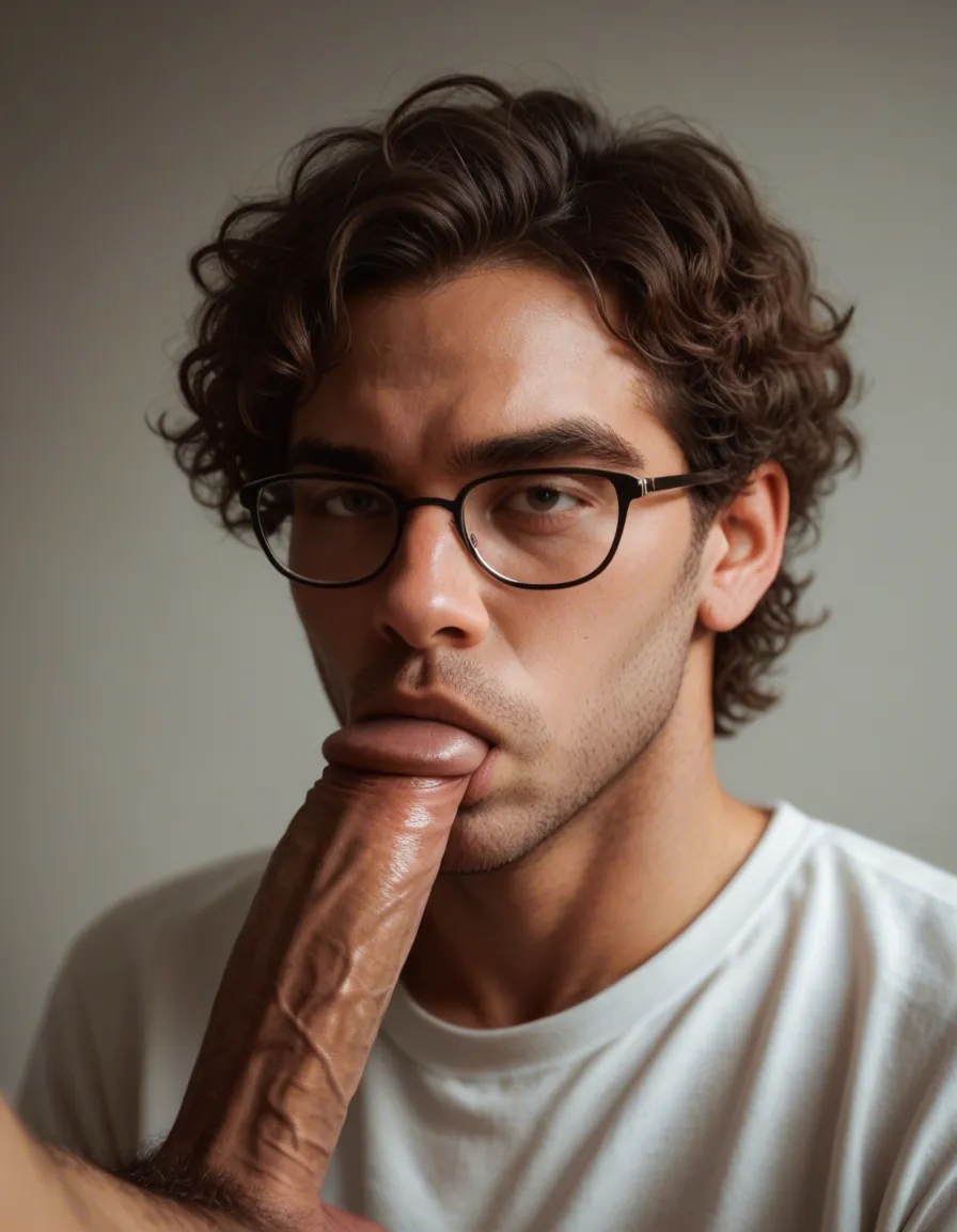 Twink with small dick curly hair and glasses sucks massive cock, score_9, score_8, candid photo, realistic skin texture, visible skin pores, film grain, depth of field
