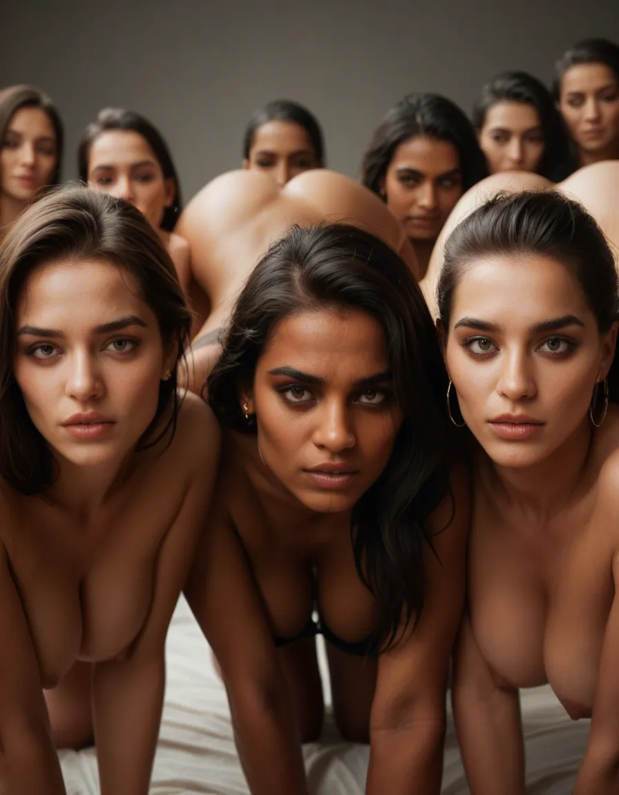 ultra HD, lifelike, side view, 6+women, doggy style, cleavage, tender moment, film photography, indian, score_9, score_8, candid photo, realistic skin texture, visible skin pores, film grain, depth of field