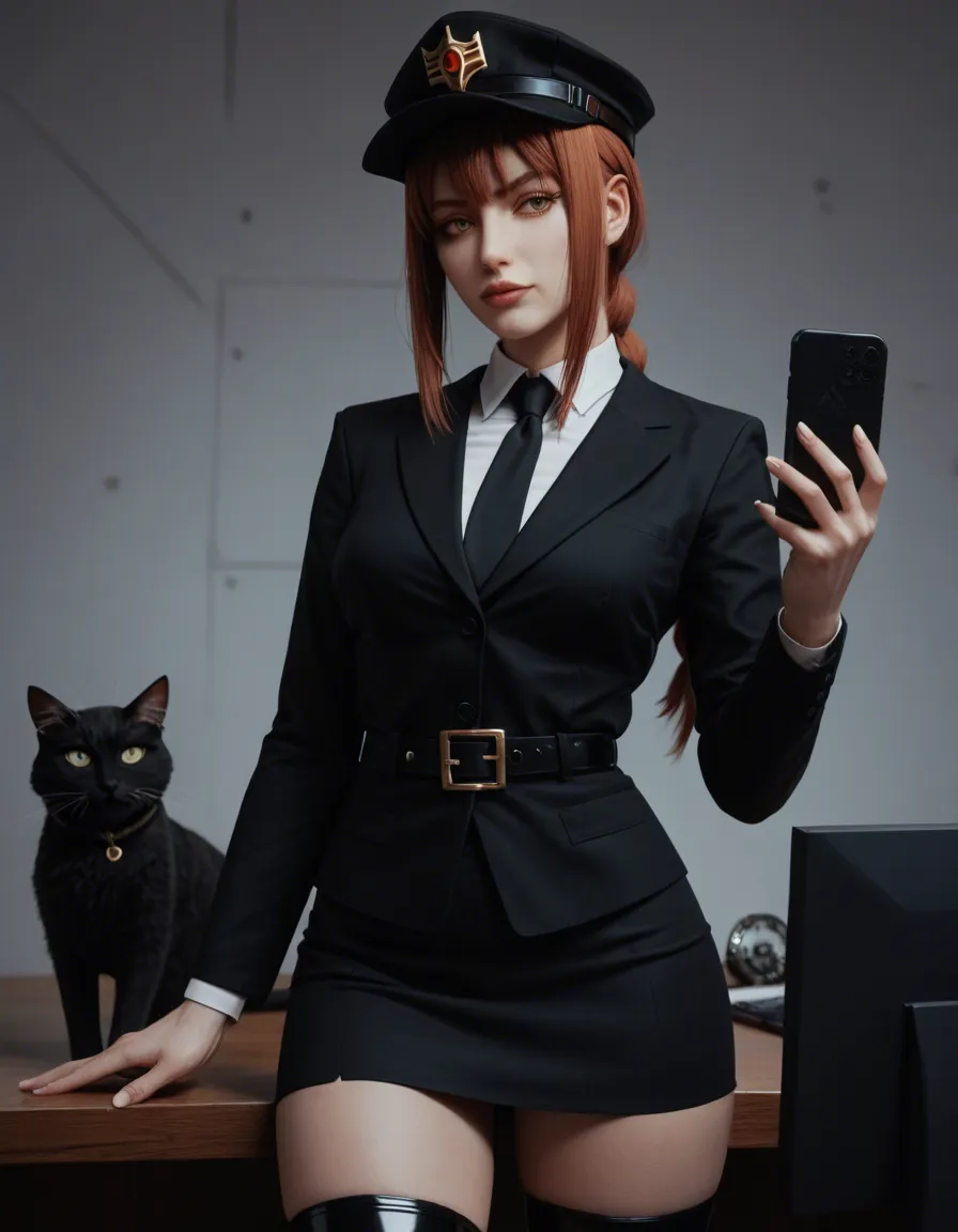 ultra HD, lifelike, hat, fake_horns, cat_girl, @makise_kurisu, @makima_(chainsaw_man), science_fiction, mspaintadventures, holding_phone, office lady, latex_thighighs, black_belt, crown, socks, princess, elf, goth, @makise_kurisu, black_gloves, score_9, score_8, candid photo, realistic skin texture, visible skin pores, film grain, depth of field