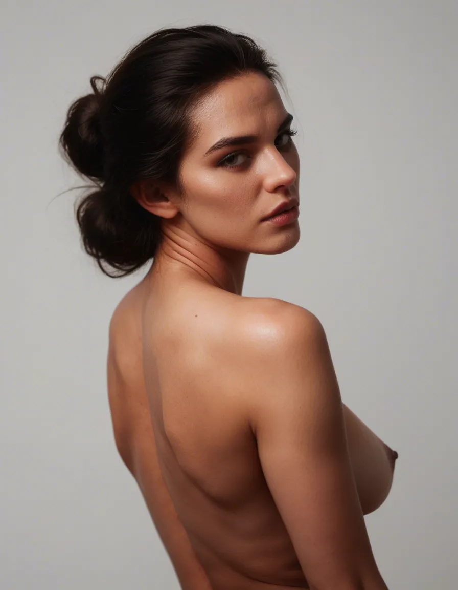 studio quality, sharp focus, succubus, sideboob, puffy sleeves, topless, white background, RAW photo, score_9, score_8, candid photo, realistic skin texture, visible skin pores, film grain, depth of field