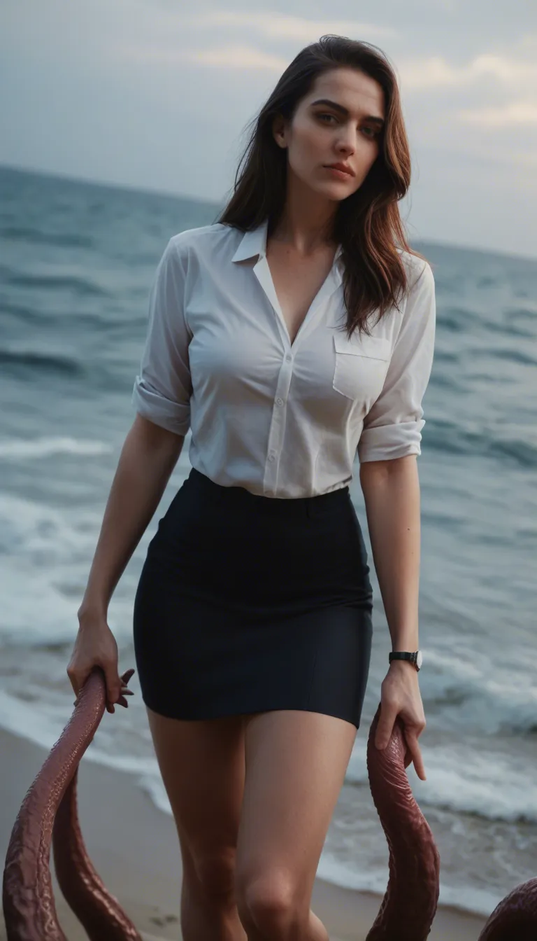 best quality, hyperrealistic, dutch angle, office lady, tentacle, holding hands, ocean, RAW photo