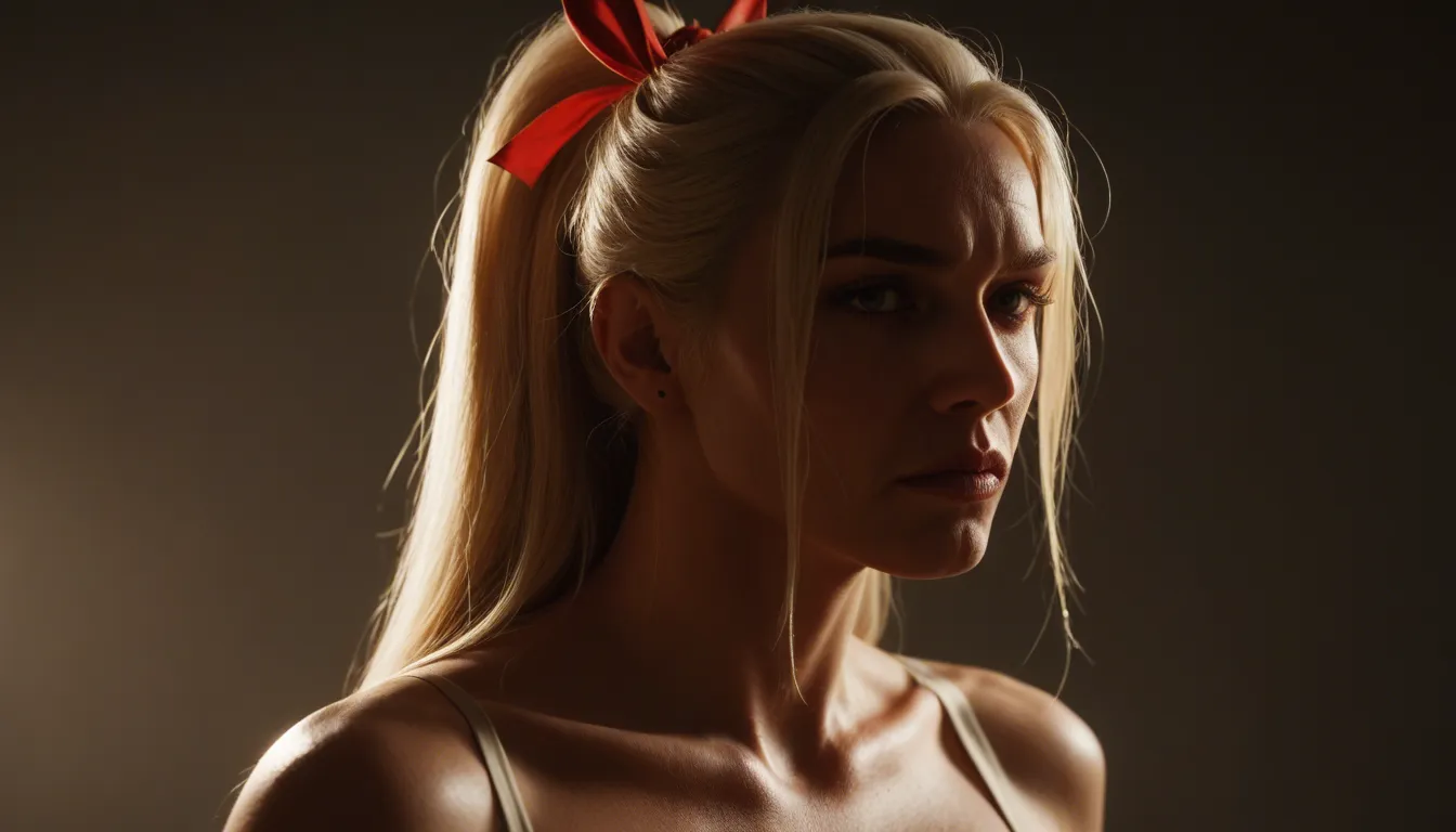 Photograph of LilyCH a youn 20 year old woman with long blonde hair styled in a high ponytail and secured with a silk hair ribbon. She has fair skin with visible freckles and small cute breasts. She is happy and smiles softly, spreading legs in a station, while other nude and non-nude people walking or watching