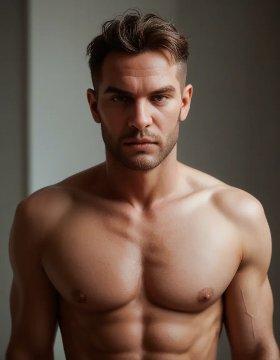 Naked man, score_9, score_8, candid photo, realistic skin texture, visible skin pores, film grain, depth of field