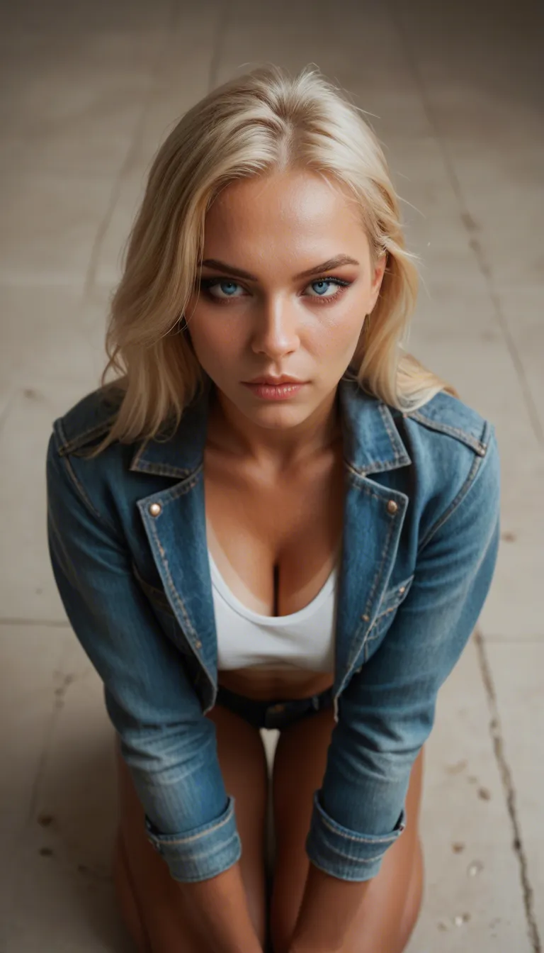 Beautiful woman, blonde hair, blue eyes, eyeliner, tan skin, big boobs, tanlines, denim jacket, pov, kneeling, view from above, cum on her face, cum dripping, cum on her boobs