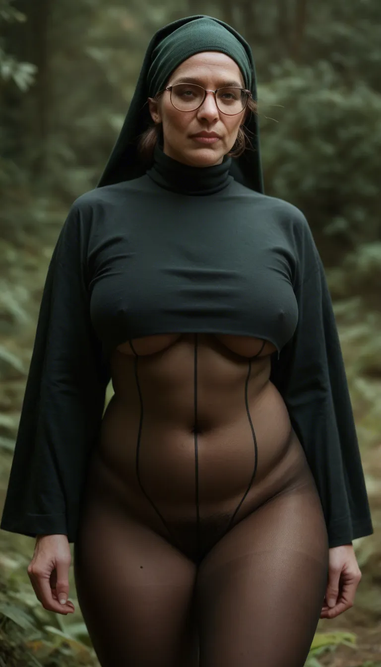 Ultraorthodox religious mature chubby Jewish woman, hair wrapped by dark green headscarf, hair isn't visible because it's covered by headscarf, milf, glasses, pantyhose, open unbuttoned brown shirt exposing her tits, long sleeves, long black skirt lifted up, big tits, spread legs, moaning, she is riding huge cock, fucked, spreading_own_pussy hairy pussy, she is gropping her tits, office,