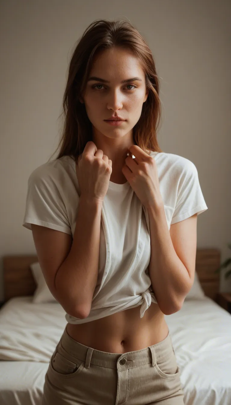 best quality, hyperrealistic, solo female, hands up, shirt, stripping, bed, ambient glow