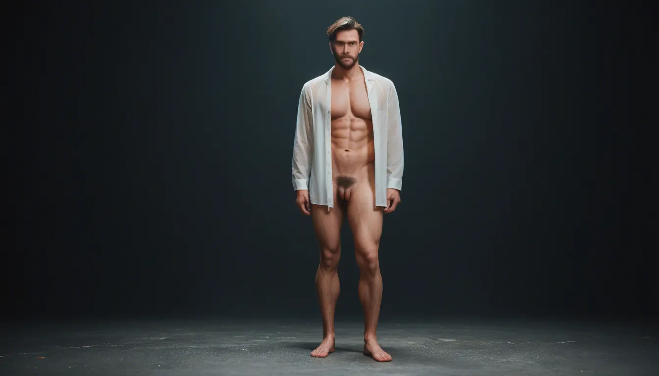 yviewed in full body, oung transgender male, bob cut hair , no thong, pubic hair, sheer unfold untied open blouse, eye liner, face make up, jewelry, sheer bra, no thong, his erect dick visible, kneeling stroking his erect dick, cum shoots out on naked man close