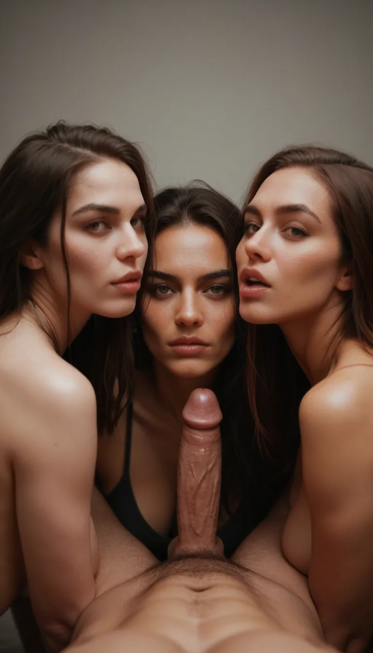 professional photo, high detail, group of three women on their knees about to suck a man's penis