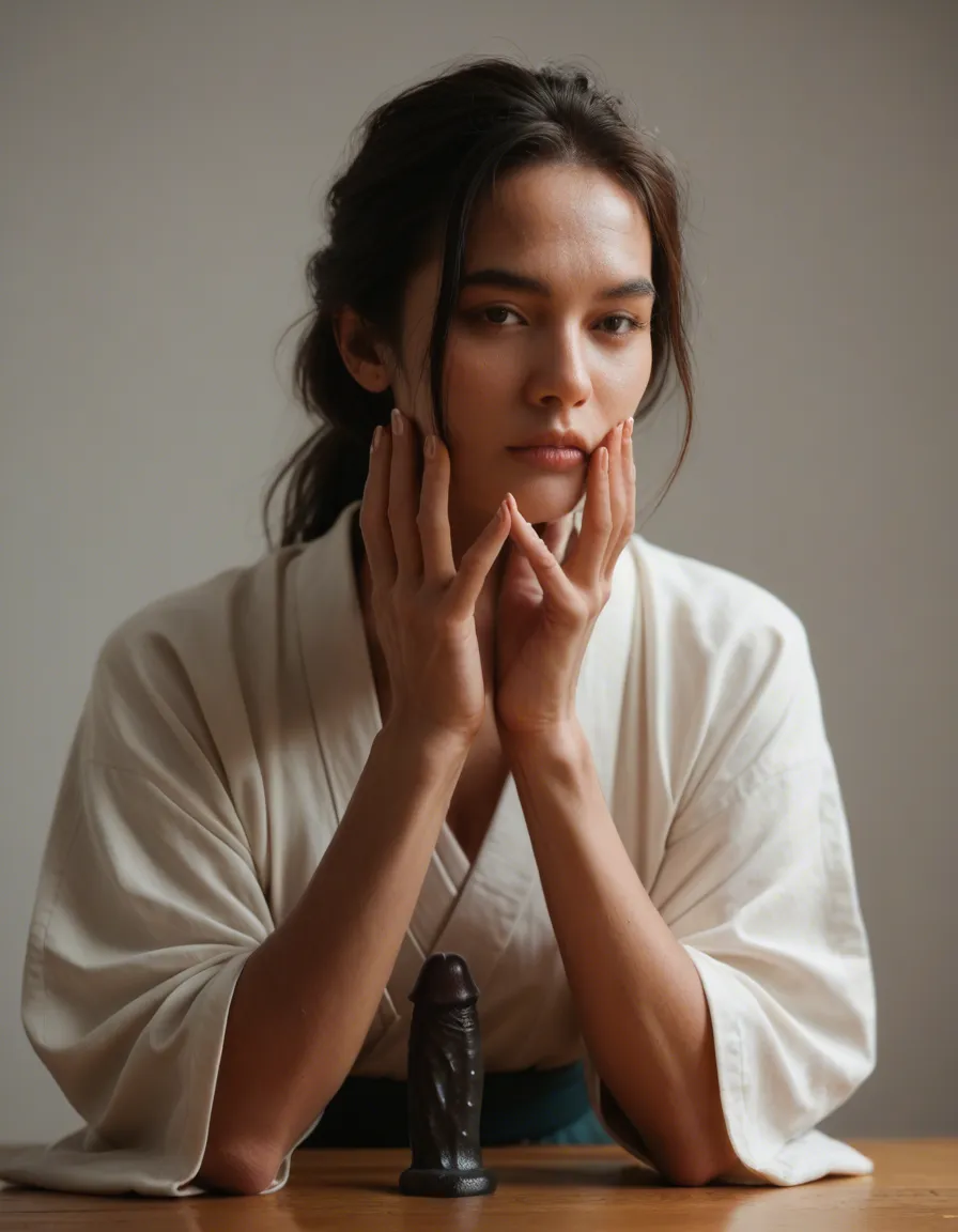 8k, sharp focus, detailed skin, solo, hands up, japanese clothes, doggy dildo style, simple background, studio photo, score_9, score_8, candid photo, realistic skin texture, visible skin pores, film grain, depth of field, score_9, score_8, candid photo, realistic skin texture, visible skin pores, film grain, depth of field
