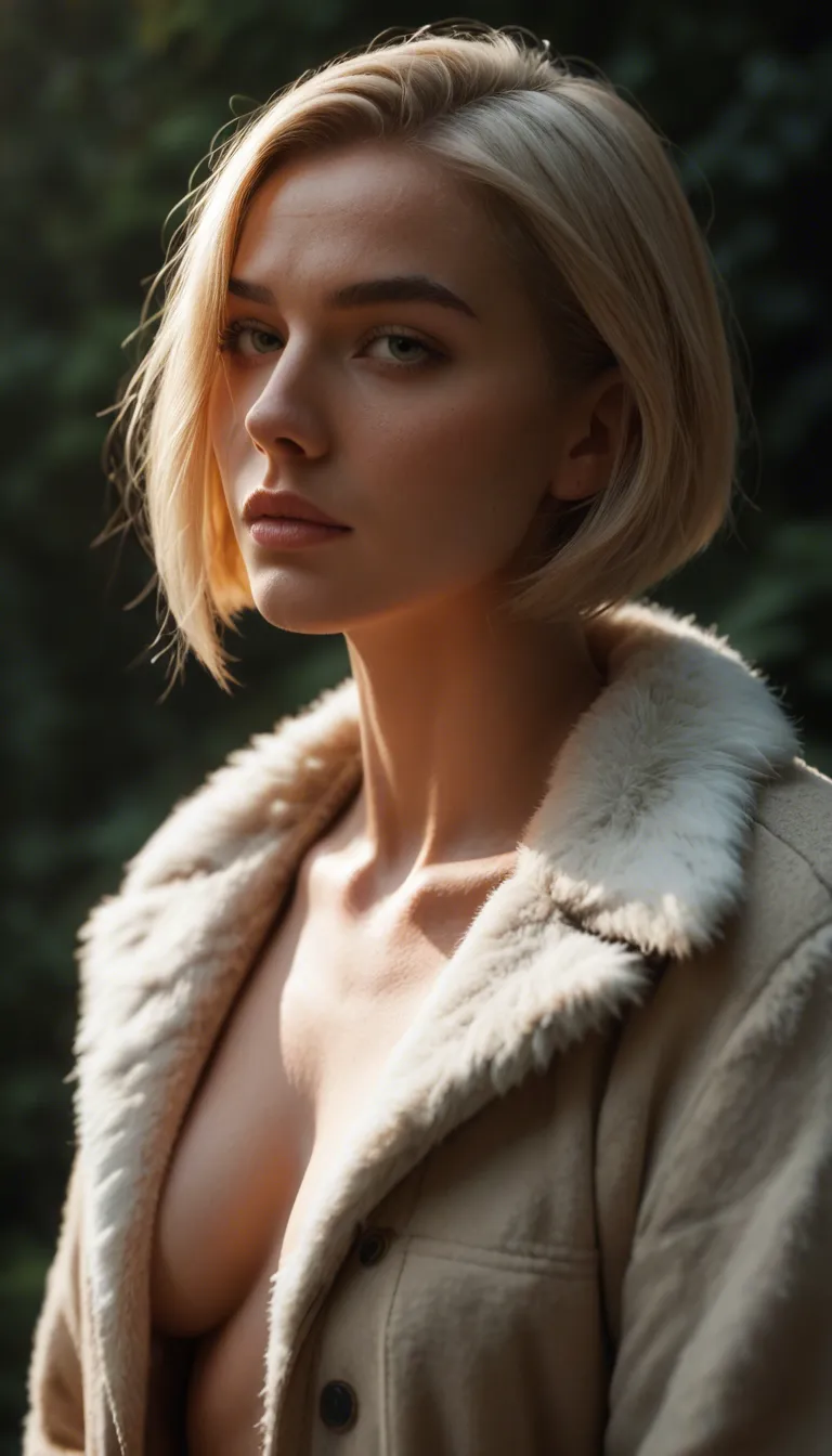 A beautiful woman with a thick blonde bob hair cut with very short hair in the nape is wearing a very soft, thick and sexy short furcoat. She is sitting and riding constantly on a man's cock who himself is sitting on a chair.