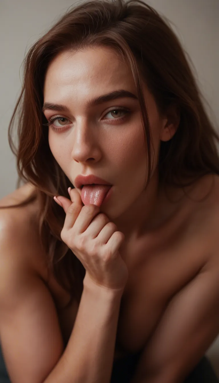 Sexy woman on her knees with her tongue out sucking her finger her finger nails are pink and her lips are red