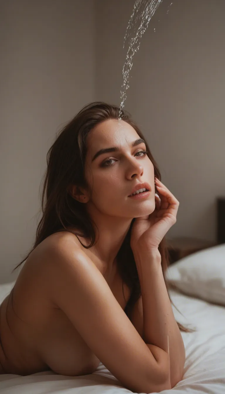 Sexy woman in bed  spitting in her hands. Her fingernails are pink.