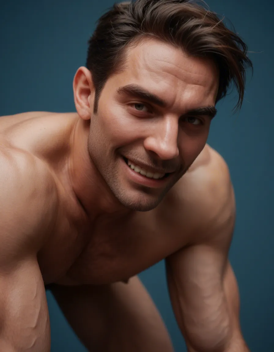 studio quality, sharp focus, extreme close-up, male focus, bent over, collarbone, blue background, teasing grin, cinematic realism, score_9, score_8, candid photo, realistic skin texture, visible skin pores, film grain, depth of field