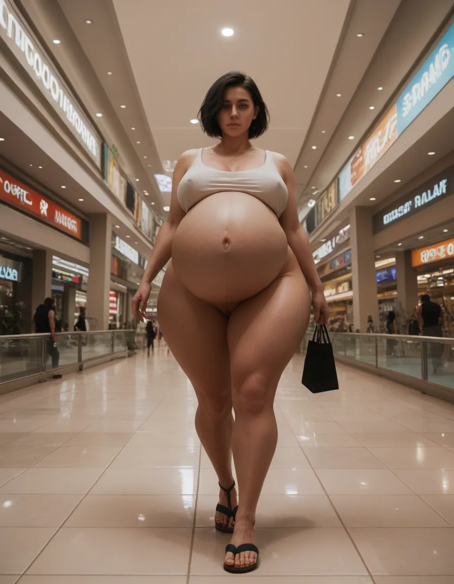 pregnant woman, walking in a mall,ass being grabed,enjoing, sandals, baggy clothes, gigantic hips, nervous,huge build,tall black hair, short hair, hair parted, adult, dim light, huge belly, hyperpregnant, big belly, belly, huge belly,big belly,pregnant, tired, full body, full belly, seeing her from the side, gigantic hips, Adalya, mommy, milf, veins in the stomach,[lora:1922539683773044517#1923732332181669735#0.70|hyper pregnant],skinthight clothes ,everything covered,clothes starting to rip,huge breasts, big ass,curvy,Venusbody, rem (re:zero), nipple, score_9, score_8, candid photo, realistic skin texture, visible skin pores, film grain, depth of field