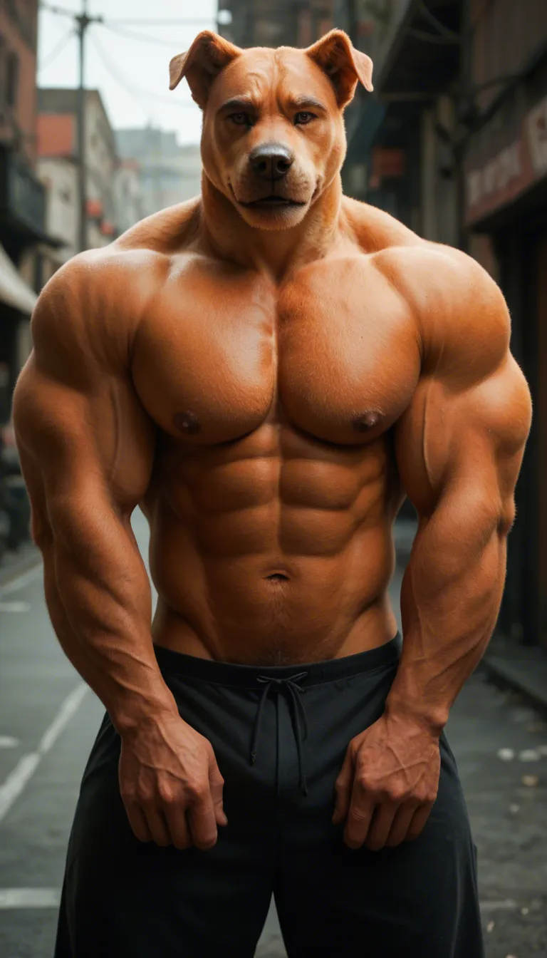 best quality, high quality, amazing quality, male, solo, anthro dog, buff, big and huge muscles, orange body/fur, thick arms, short tail, black eyes, thick red eyebrows, short ears, gray muzzle, black nose, grinning, wide grin, happy, orange belly, orange breast, tusks, angry, green beanie with red "D", bulldog, naked, squatting, humanoid feet, 5 toes, twerking, big butt, balls, from behind, back
