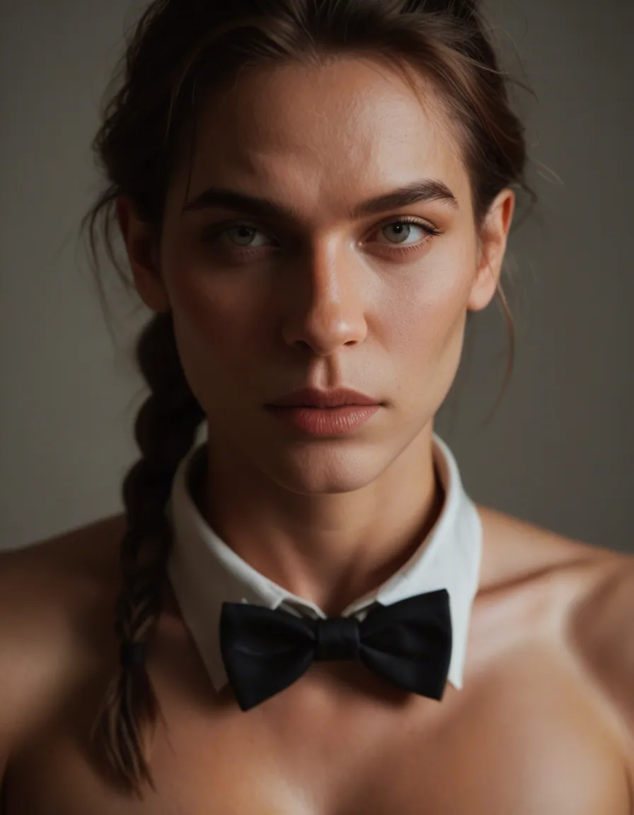 dslr, film grain, photorealistic, 1boy, braid, bowtie, creampie, moonlight, hyperrealistic, score_9, score_8, candid photo, realistic skin texture, visible skin pores, film grain, depth of field