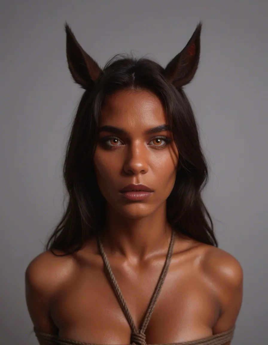 studio quality, sharp focus, from above, demon woman, bondage, horse ears, transparent background, RAW photo, score_9, score_8, candid photo, realistic skin texture, visible skin pores, film grain, depth of field