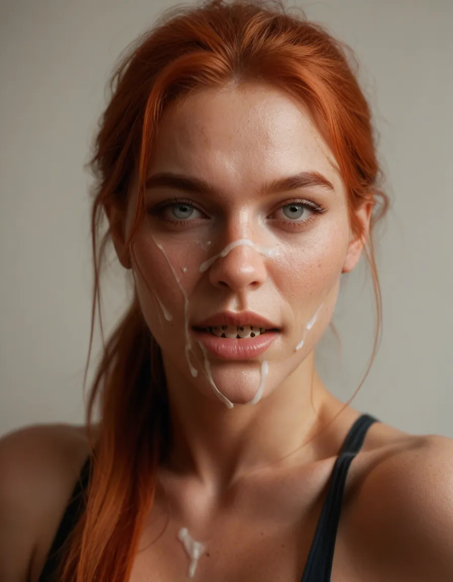 19 year old redhead with ponytail and braces gets cum on face, score_9, score_8, candid photo, realistic skin texture, visible skin pores, film grain, depth of field