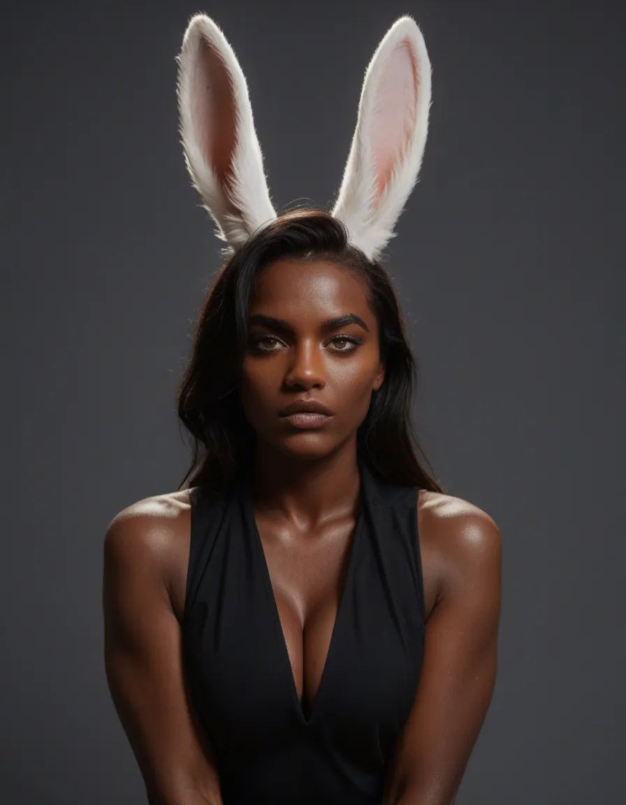 cinematic photo, 8k, bunny woman, dark skin, black gloves, presenting, three-quarter view, cool tones, lifelike render, score_9, score_8, candid photo, realistic skin texture, visible skin pores, film grain, depth of field