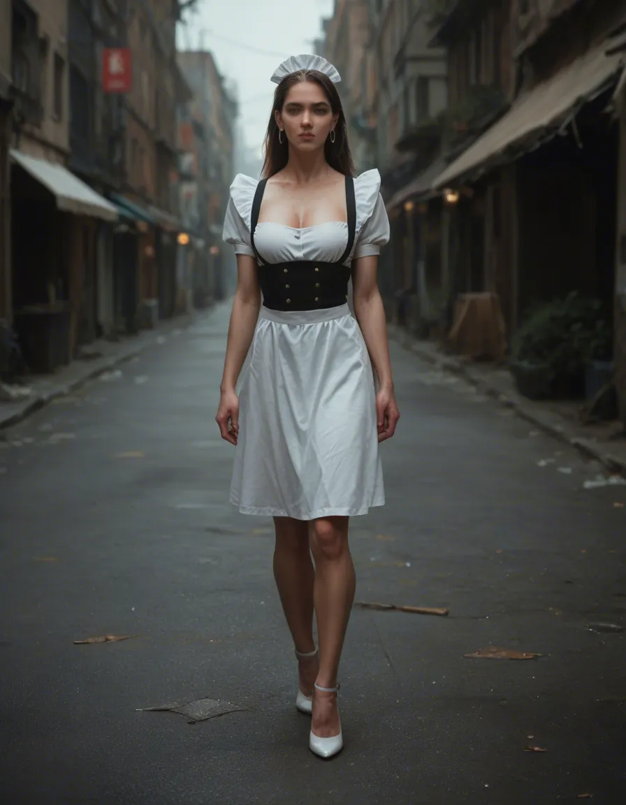 RAW photo, ultra realistic, maid, white footwear, earrings, bondage, outdoors, dslr quality, score_9, score_8, candid photo, realistic skin texture, visible skin pores, film grain, depth of field