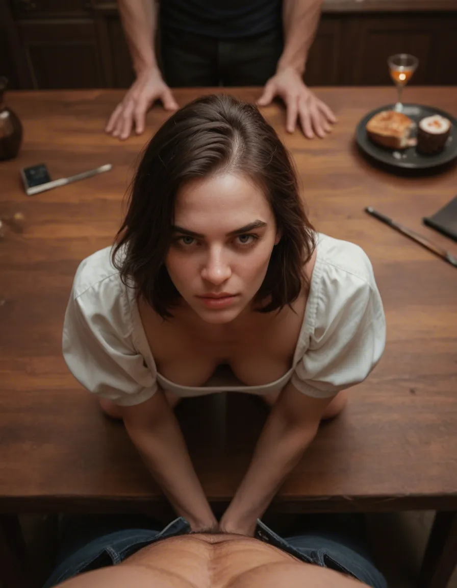 ultra HD, lifelike, 2boys, standing, puffy sleeves, on all fours, table, POV, RAW photo, score_9, score_8, candid photo, realistic skin texture, visible skin pores, film grain, depth of field