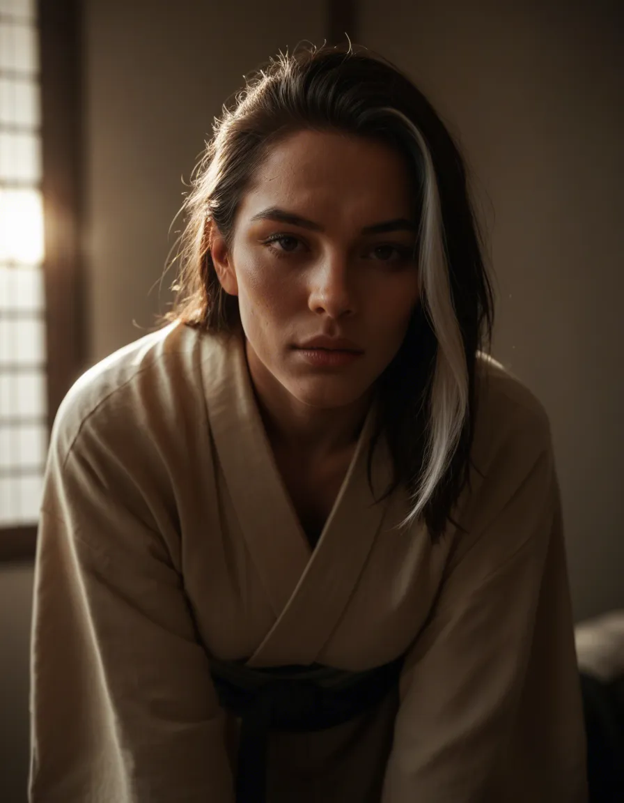 ultra HD, lifelike, solo, streaked hair, japanese clothes, bent over, soft lighting, 8k uhd photo, score_9, score_8, candid photo, realistic skin texture, visible skin pores, film grain, depth of field