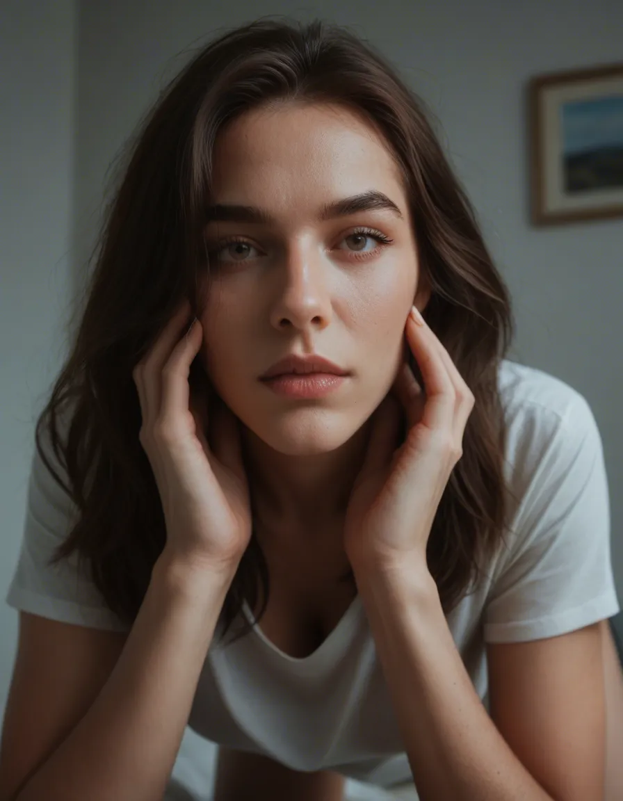 ultra HD, lifelike, brunette woman, hands up, shirt, doggy style, blue sky, ambient glow, 8k uhd photo, score_9, score_8, candid photo, realistic skin texture, visible skin pores, film grain, depth of field