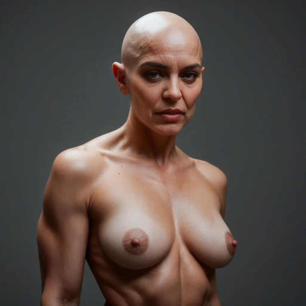 A beautiful 95-year-old woman, bald, muscular, with a big booty, flat breasts, very huge ugly nipples and a bulging, dark used anus, which she masturbates with a huge dildo