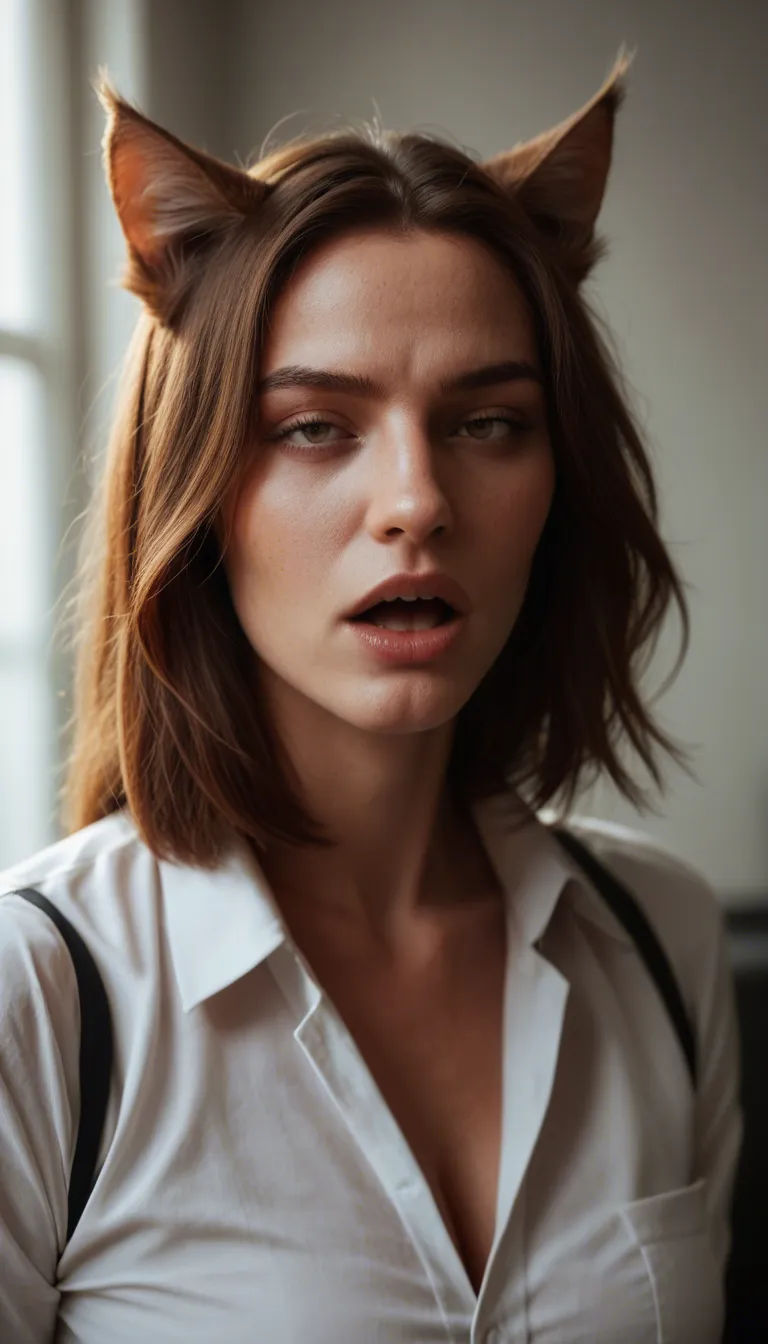 8k, sharp focus, detailed skin, catgirl, muscular, office wear, moaning, backlit, photorealistic