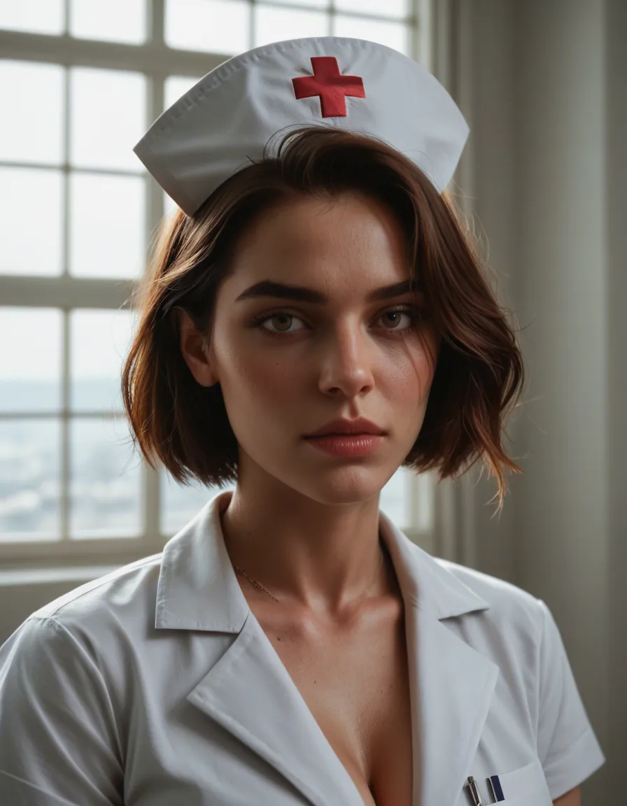 8k, sharp focus, detailed skin, nurse, brown hair, blacxmmxmxmxk gloves, bondage, window light, dslr quality, score_9, score_8, candid photo, realistic skin texture, visible skin pores, film grain, depth of field