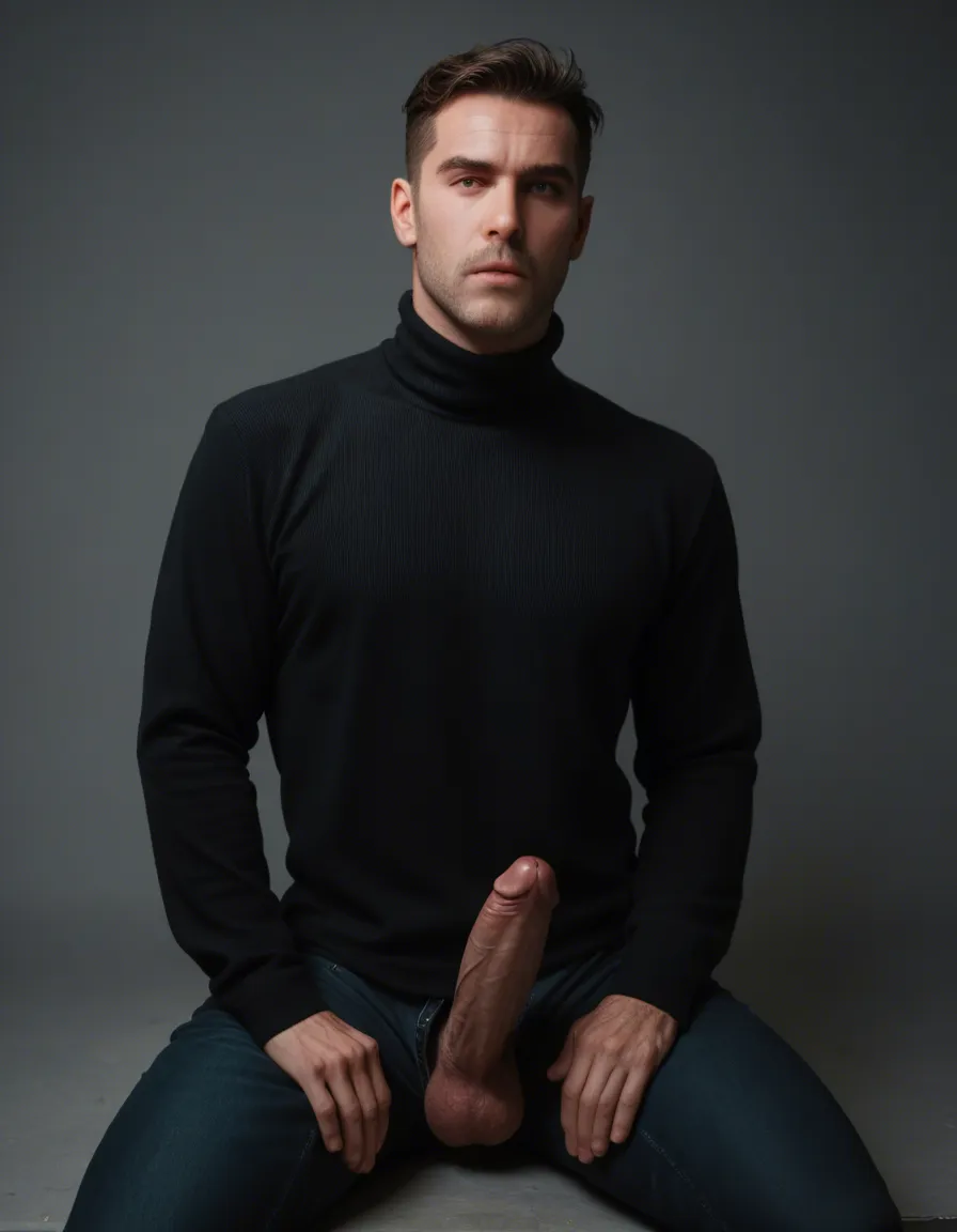 A guy wearing a black roll neck sweater kneeling in front of a guy sucking his big erect penis, score_9, score_8, candid photo, realistic skin texture, visible skin pores, film grain, depth of field
