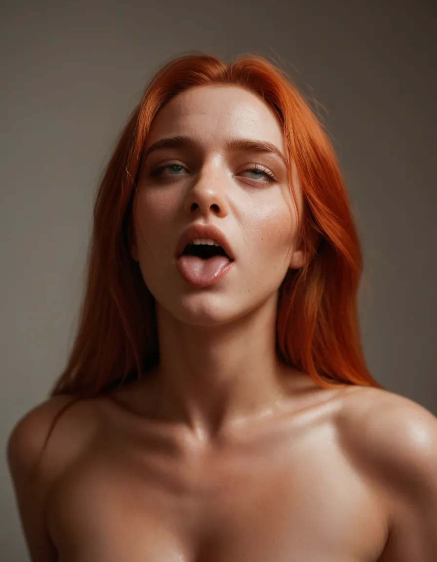 ultra HD, lifelike, dutch angle, redhead woman, ahegao, bare shoulders, RAW photo, score_9, score_8, candid photo, realistic skin texture, visible skin pores, film grain, depth of field