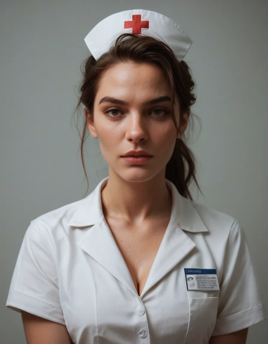 A nurse undressing her clothes, score_9, score_8, candid photo, realistic skin texture, visible skin pores, film grain, depth of field