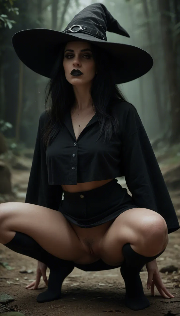 Goth Woman in black witch hat wearing socks squatting and playing with her pussy