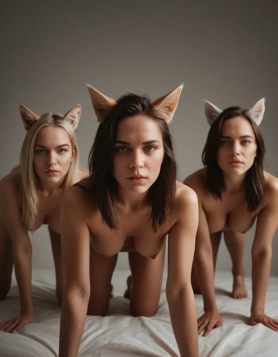best quality, hyperrealistic, 5women, on all fours, animal ears, mysterious vibe, dslr quality, score_9, score_8, candid photo, realistic skin texture, visible skin pores, film grain, depth of field