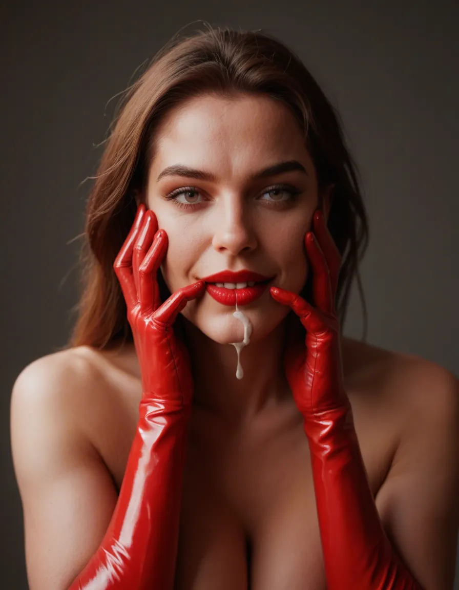 beautiful mulatto woman suck a hard dick and swallow cum. She is happy, wears red rubber gloves and red lipstick., score_9, score_8, candid photo, realistic skin texture, visible skin pores, film grain, depth of field
