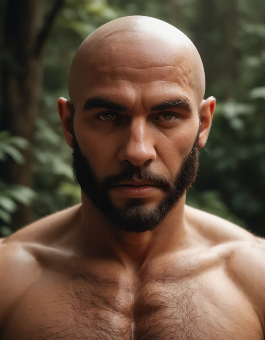 very tall, hairy male, bald, beard, hairy male, hunk, score_9, score_8, candid photo, realistic skin texture, visible skin pores, film grain, depth of field