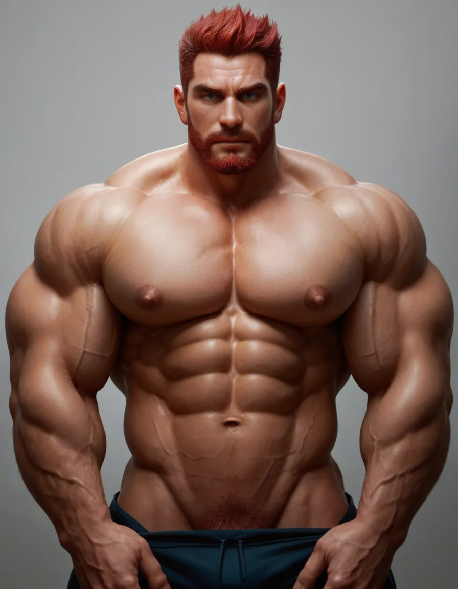 1boy, muscular, huge pectorals, puffy nipples, blue eyes, red hair, short hair, beard stubble, mature male, manly, (endeavor \(boku no hero academia\)), thick eyebrows, large muscles, shredded muscles, abs, veins, thick arms, bara, (scar on face, scar across eye), seductive smile, arm wraps, fundoshi, armpit hair peek, pubic hair, hairy, sexy pose, teasing, shiny skin, sweat, very sweaty,
BREAK
simple black background, (swirling fire, pyrokinesis, flaming body:1.4),
BREAK
dynamic pose, dynamic angle, dramatic lighting, depth of field, bloom, film grain, realistic, photorealistic, very awa, masterpiece, best quality, detailed background, ultra-detailed, very aesthetic, score_9, score_8, candid photo, realistic skin texture, visible skin pores, film grain, depth of field