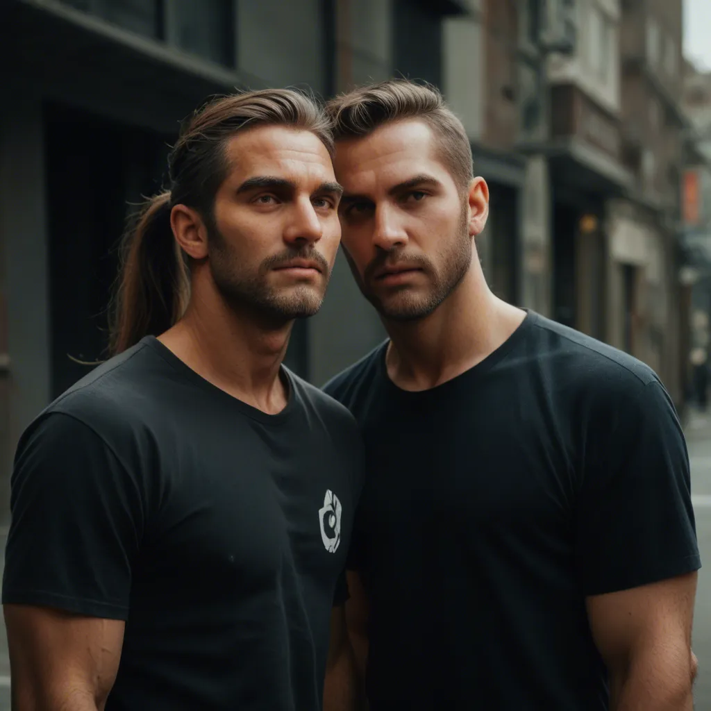 cinematic photo, 8k, 2boys, ponytail, shirt, presenting, hyperrealistic