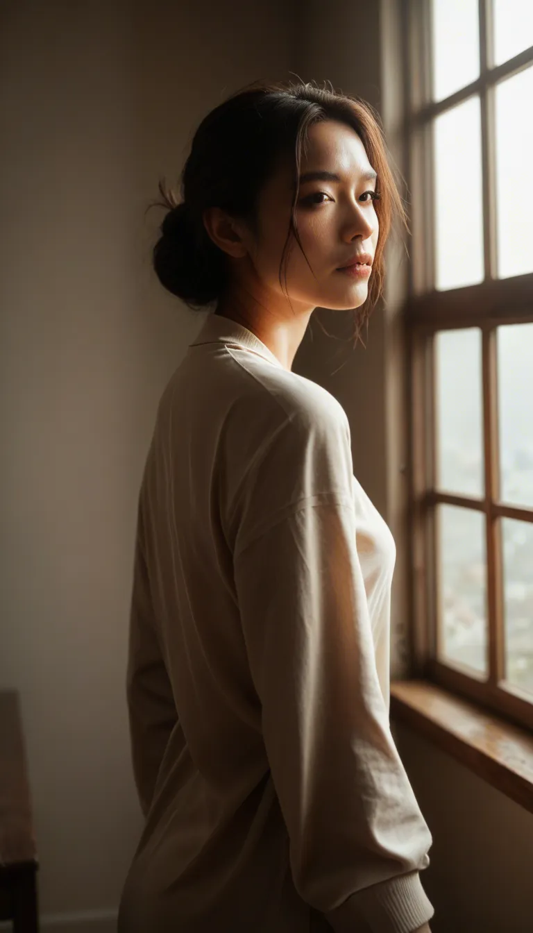 highly detailed, natural lighting, asian girl, long sleeves, bondage, window light, photorealistic
