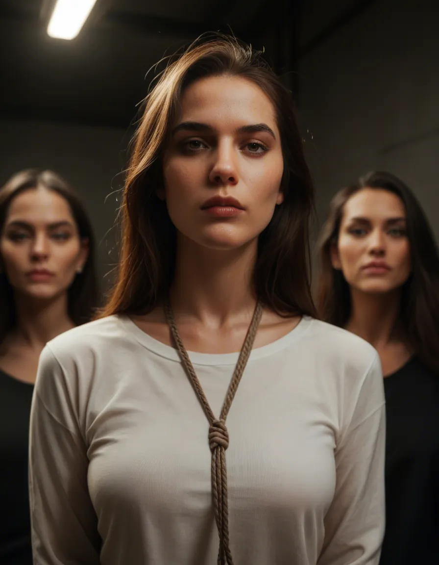 cinematic photo, 8k, 6+women, long sleeves, bondage, film photography, score_9, score_8, candid photo, realistic skin texture, visible skin pores, film grain, depth of field
