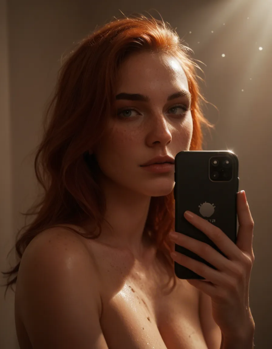 Dim lighting, film camera, pale freckled redhead shower, score_9, score_8, amateur photo, phone snapshot, realistic skin texture, skin blemishes, soft indoor lighting