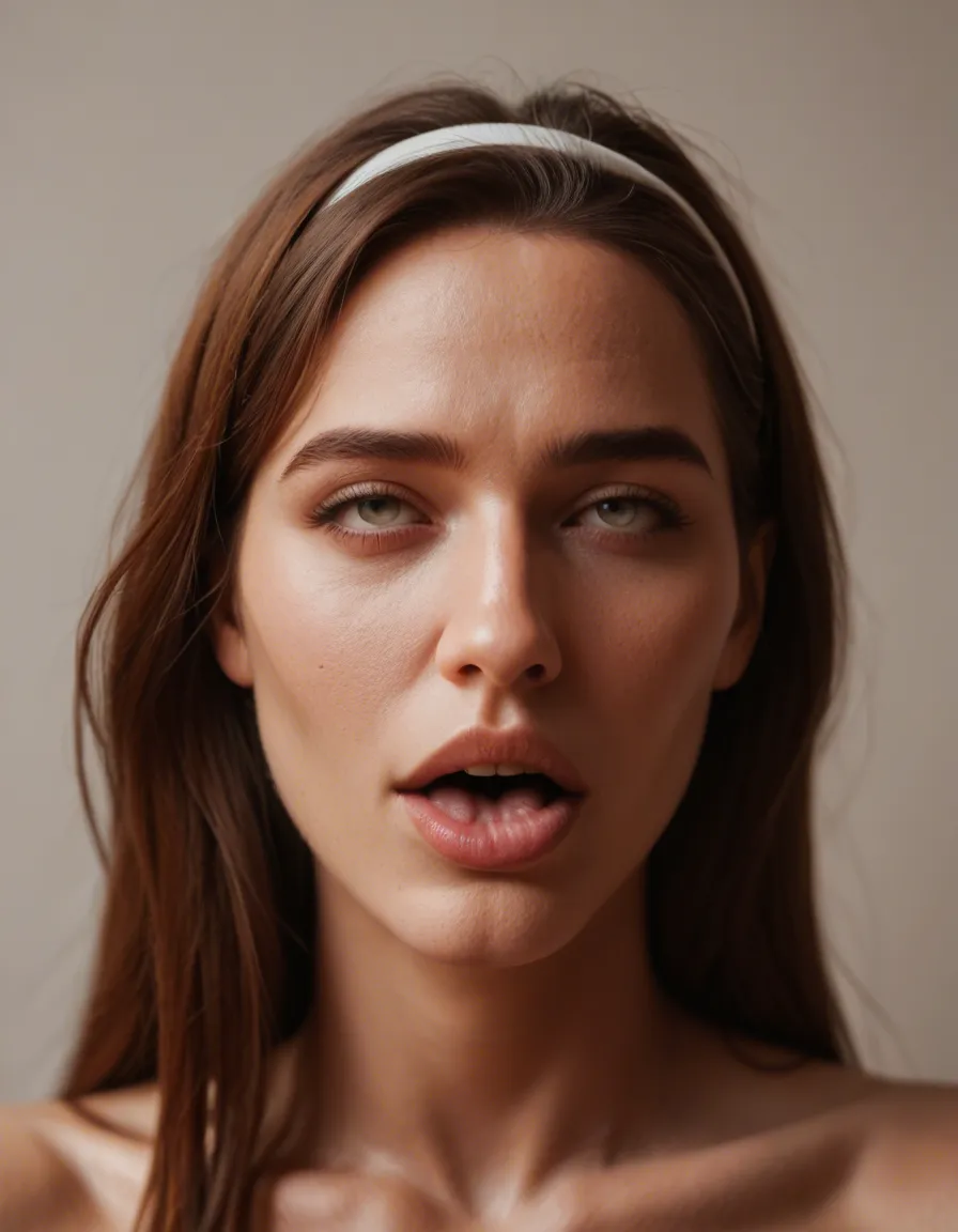 dslr, film grain, photorealistic, mature female, hairband, heart, ahegao, natural skin texture, score_9, score_8, candid photo, realistic skin texture, visible skin pores, film grain, depth of field