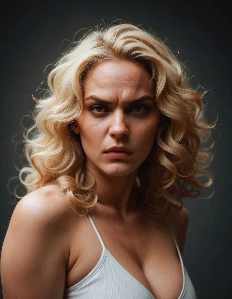 blonde_hair curly_hair curvy long face natural tits angry bbw, score_9, score_8, candid photo, realistic skin texture, visible skin pores, film grain, depth of field