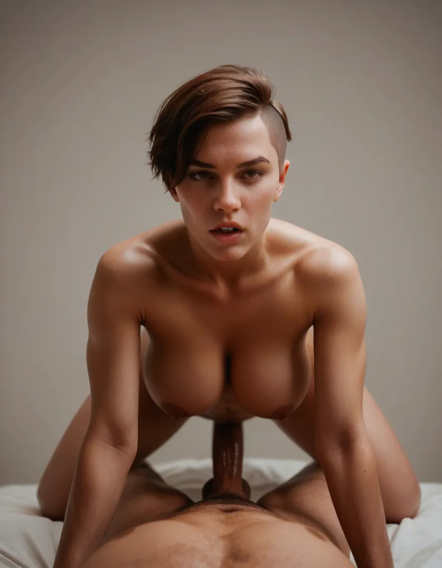 cinematic photo, 8k, princess, naked, pixie cut brown hair, anal sex, all_fours , huge_breasts hyperrealistic, score_9, score_8, candid photo, realistic skin texture, visible skin pores, film grain, depth of field