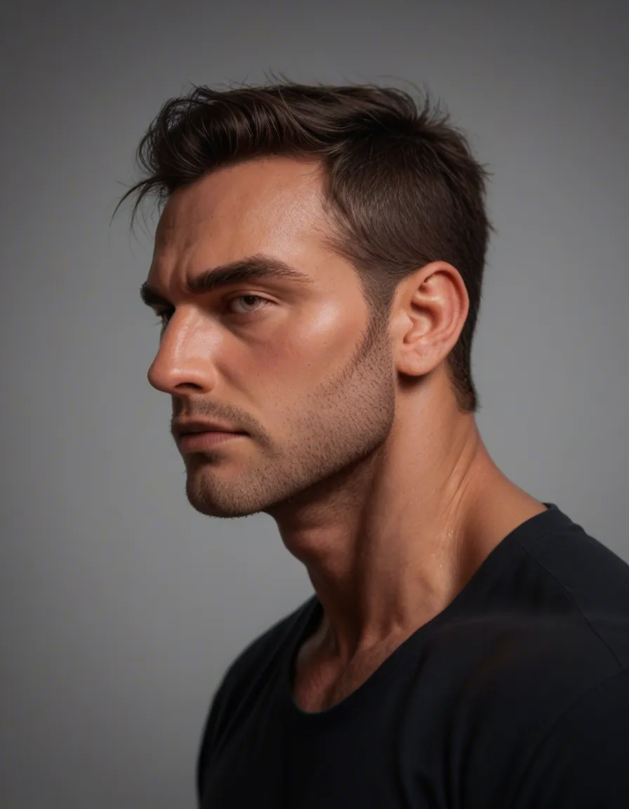 studio quality, sharp focus, side view, solo focus, presenting, muscular male, submissive blush, studio photo, score_9, score_8, candid photo, realistic skin texture, visible skin pores, film grain, depth of field