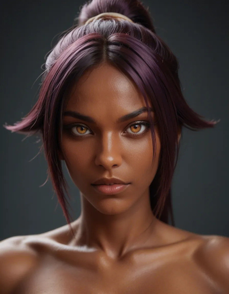 yoruichi, score_9, score_8, candid photo, realistic skin texture, visible skin pores, film grain, depth of field