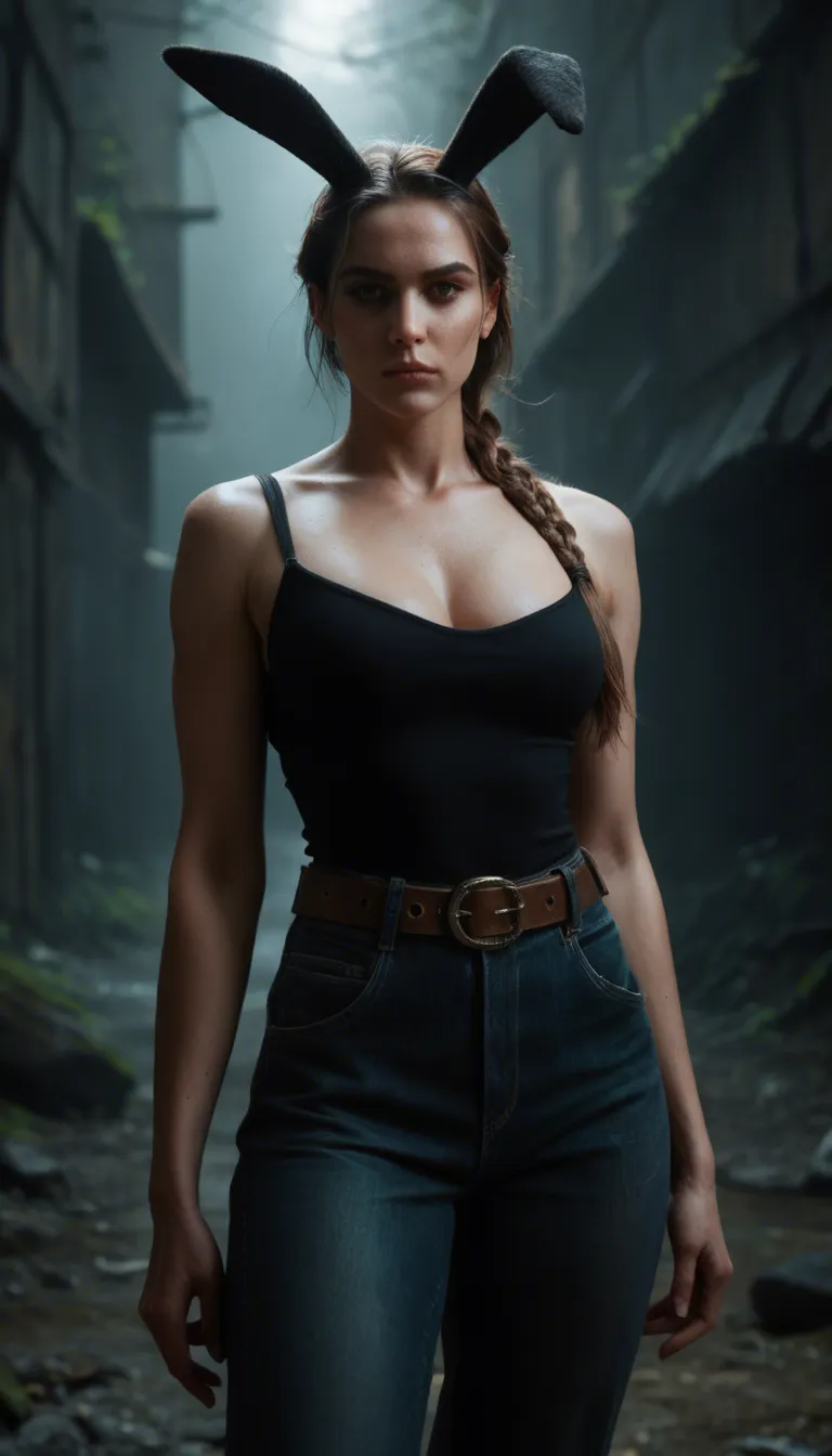 RAW photo, ultra realistic, bunny woman, single braid, belt, arching back, moonlight, hyperrealistic