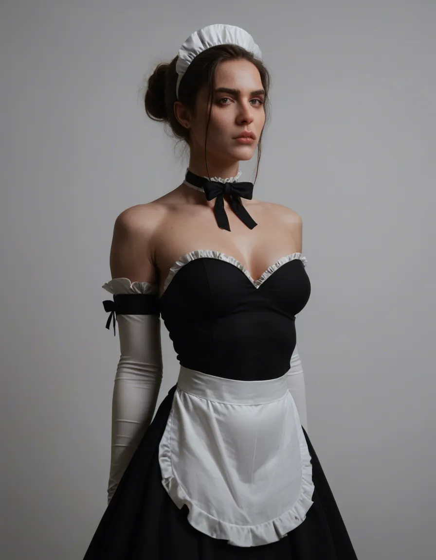 RAW photo, ultra realistic, maid, covered navel, detached sleeves, bondage, gradient background, film photography, score_9, score_8, candid photo, realistic skin texture, visible skin pores, film grain, depth of field