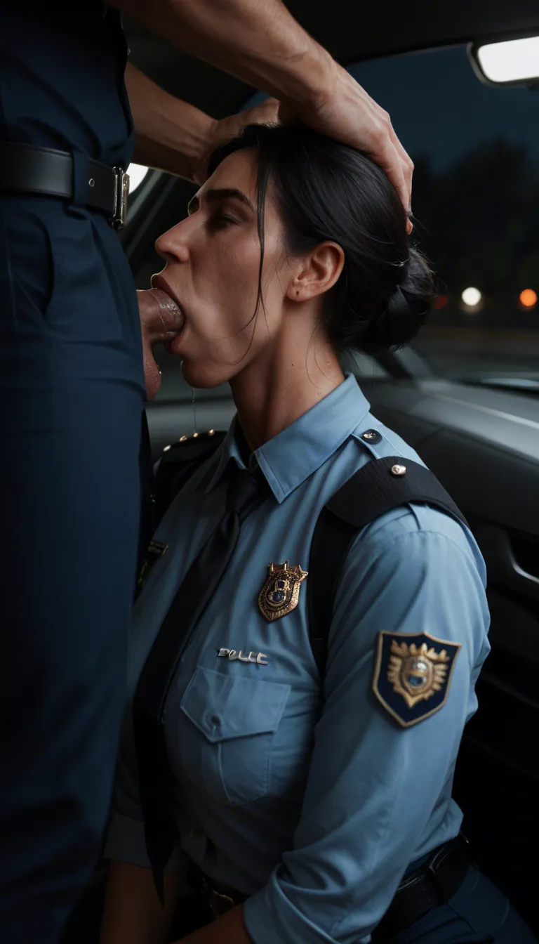 Night, deepthroat blowjob, clothed sex, in front of police car. mature_female police officer, black hair in loose bun, wearing a police uniform, dark uniform pants, and black work boots, kneeling, blowing a man with his hands handcuffed behind him. she pushes him aggressively against the car. Backlit, photorealistic, sharp focus.